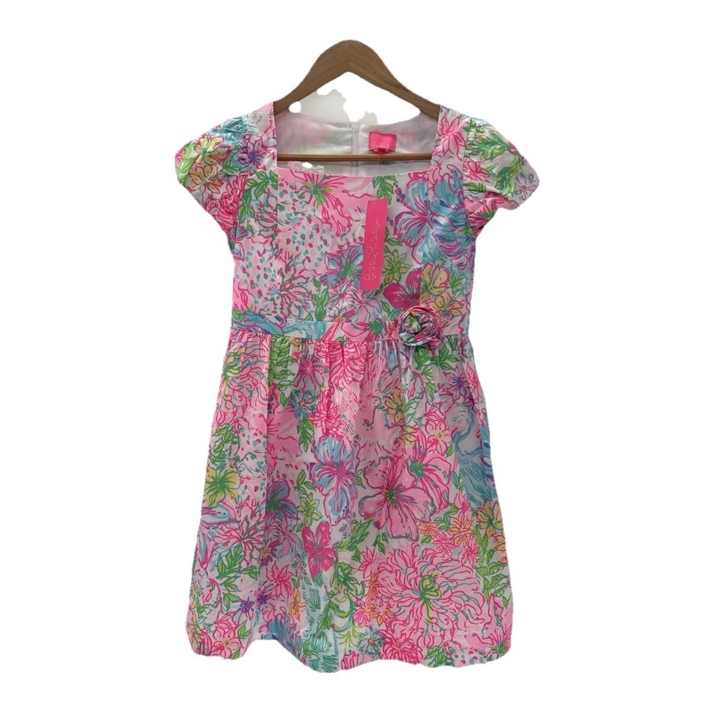 New Lilly Pulitzer Dress Mini Katrina Big Girls Size 14 Pink Blue Puff Sleeve